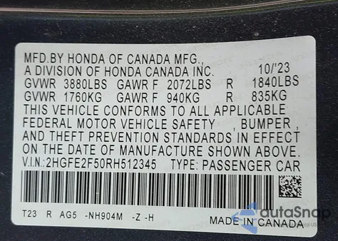 2024 Honda Civic Sport из США, поврежденный, VIN 2HGFE2F50RH512345